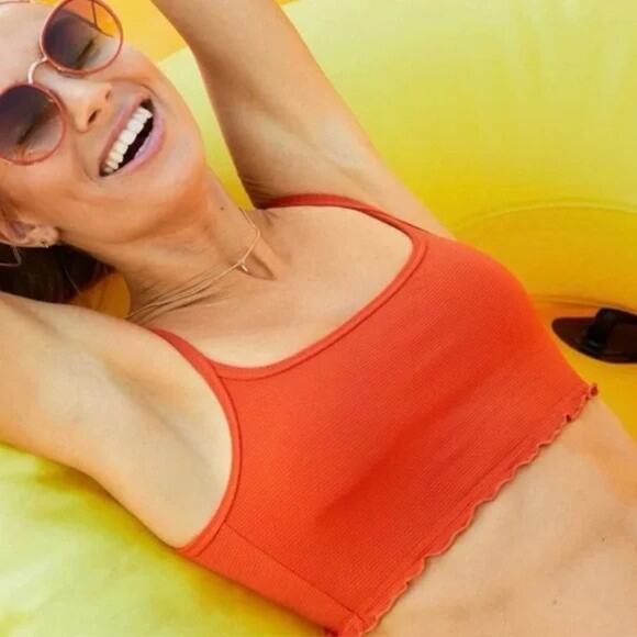 NWT Aerie Orange Ribbed Bikini Top M Scoop Neck Adjustable Tie Straps - Picture 1 of 7